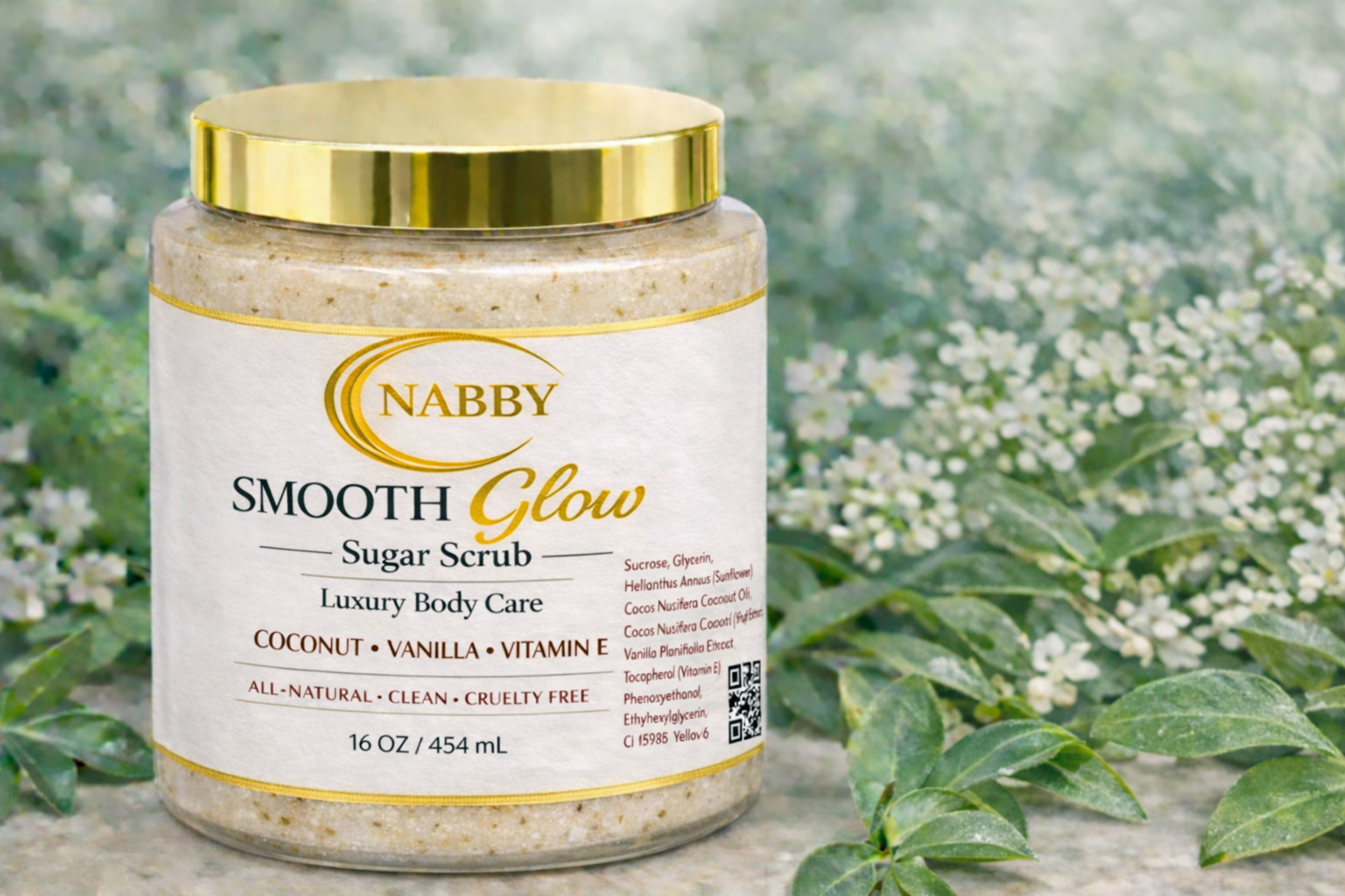 NABBY Smooth Glow Sugar Scrub – Coconut Vanilla Vitamin E Body Exfoliator (16 oz)